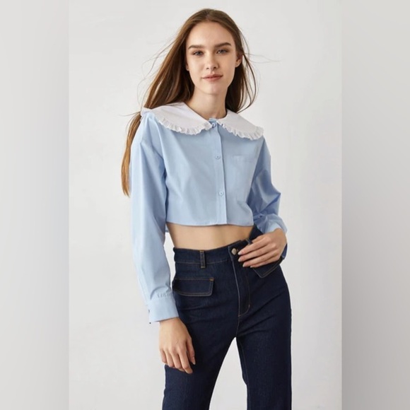 J.ING Blue with White Collar Button Down Long Sleeve Crop Shirt Top Size L NWT - Picture 2 of 10